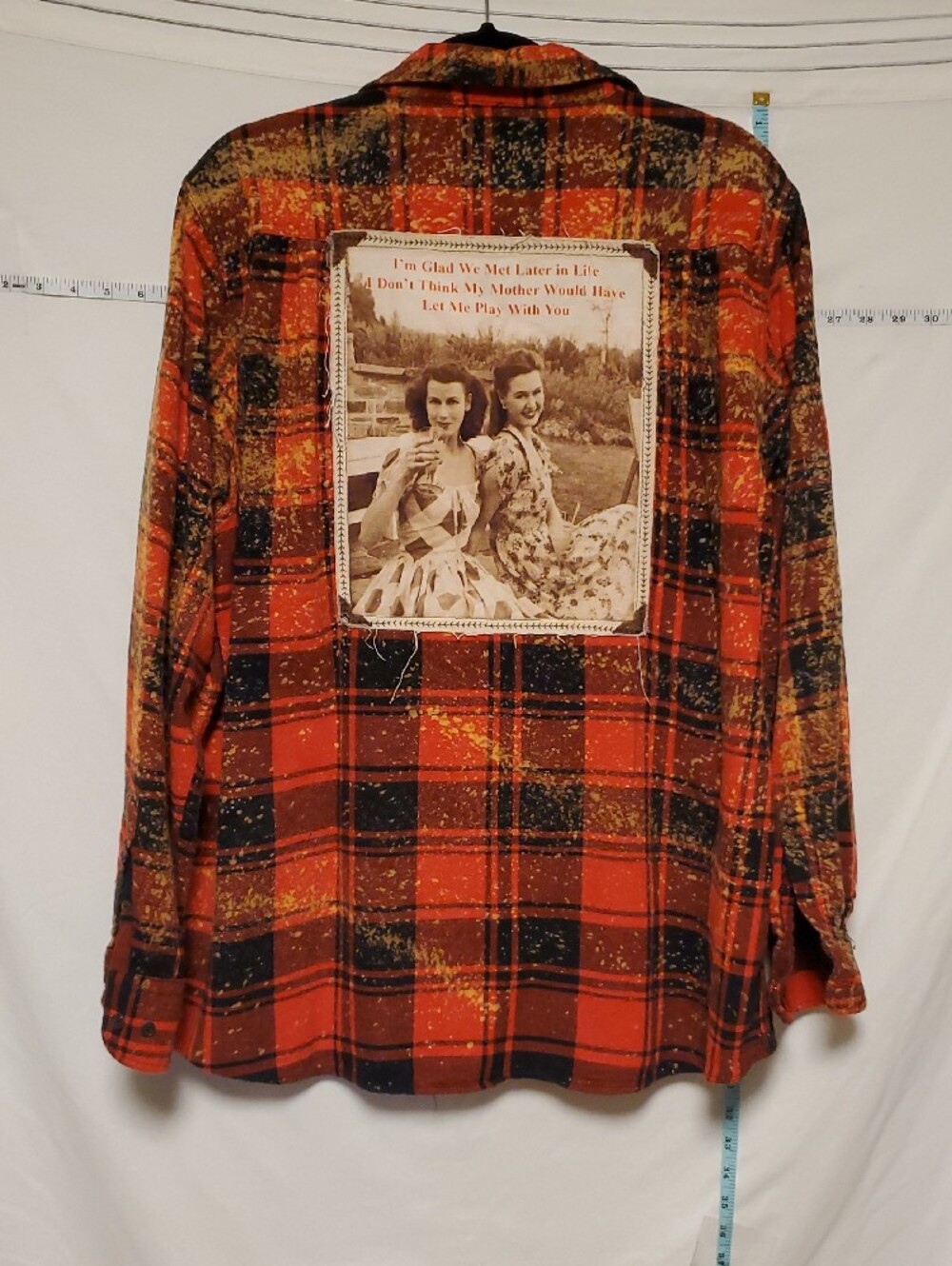 Angry Minnow Orange Black Plaid Button Flannel Shirt XL Glad We Met Later Art